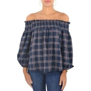 PPLA Clothing Darma Navy Red Off The Shoulder Plaid Long Sleeves Shirt XS